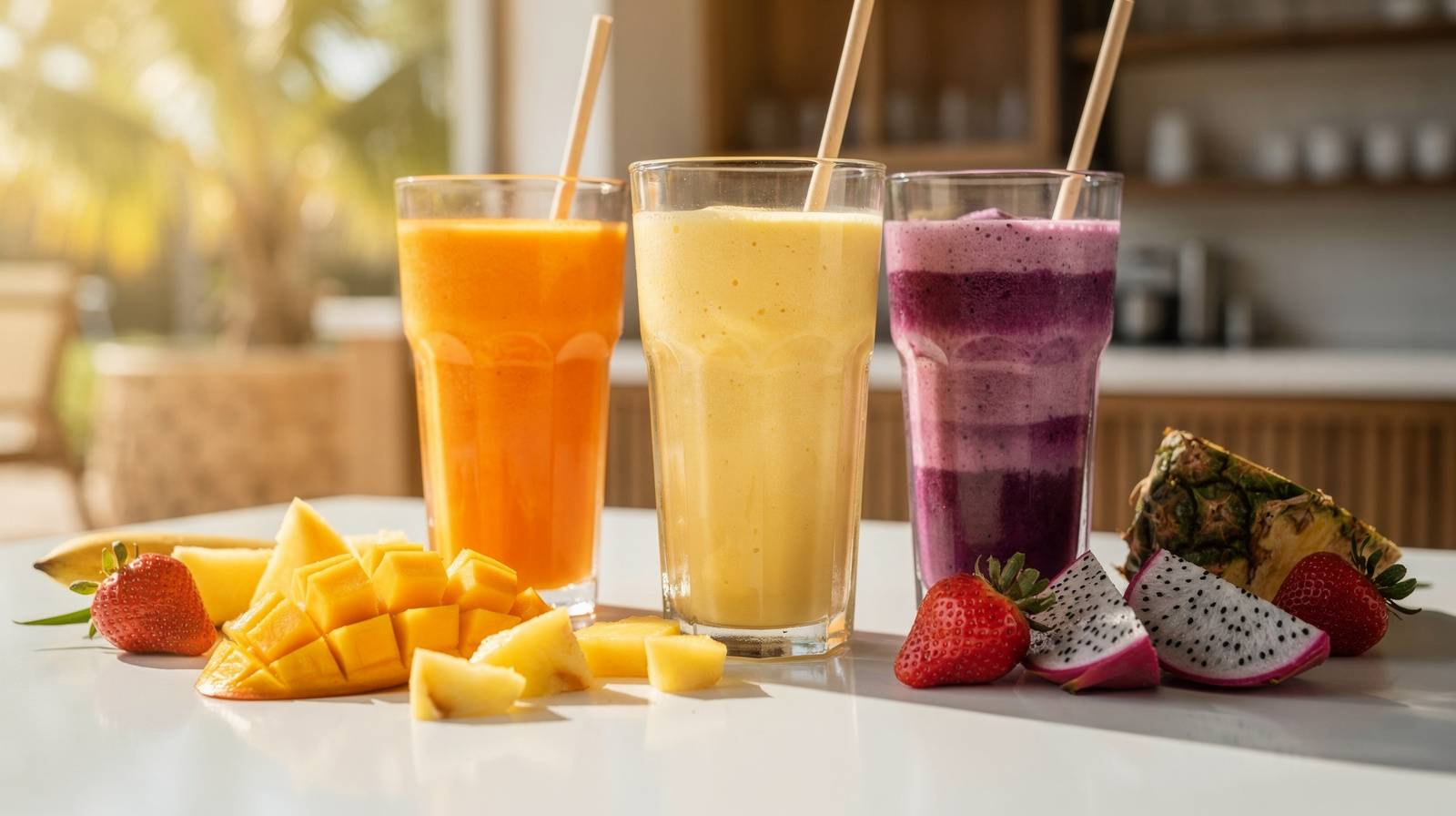 Tropical fruit smoothie display with mango, pineapple, and passion fruit