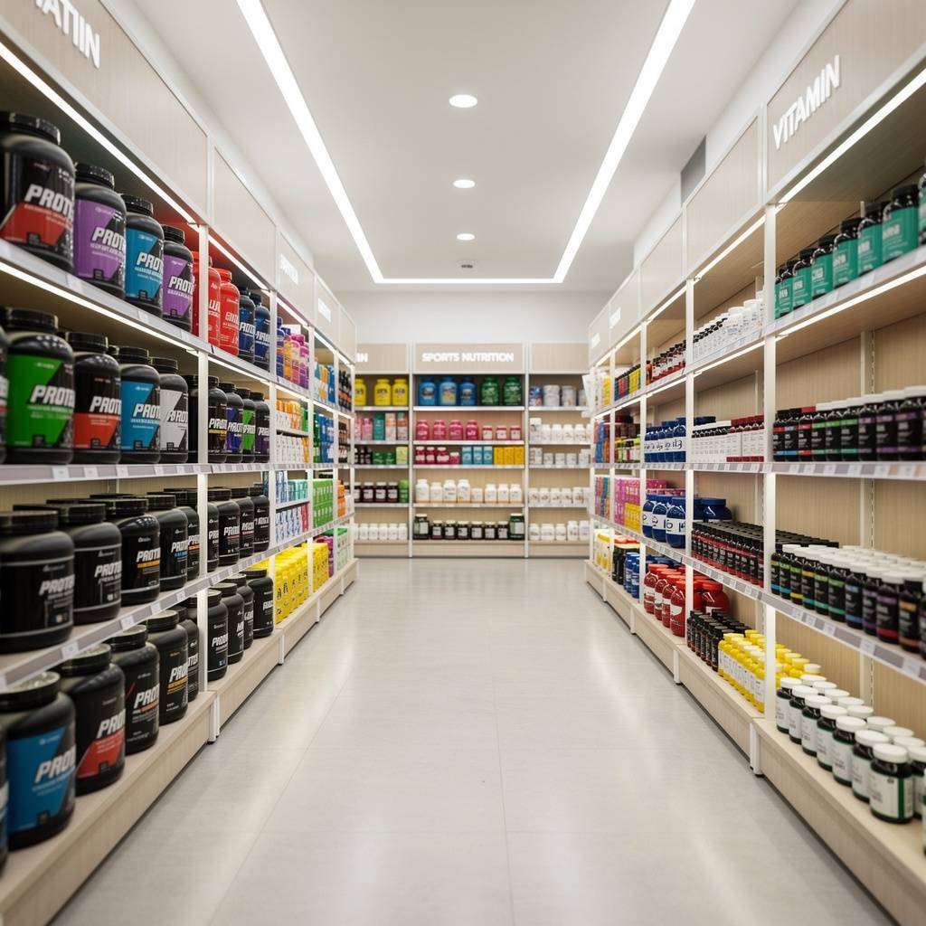 Vitamin and supplement retail store with organized shelves of wellness products