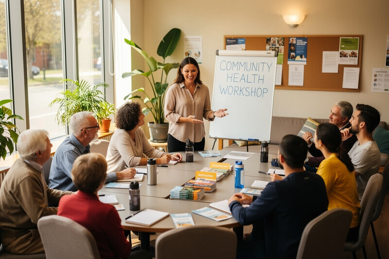 Welcoming community center gathering space with diverse people in a casual workshop setting, bright natural light through large windows