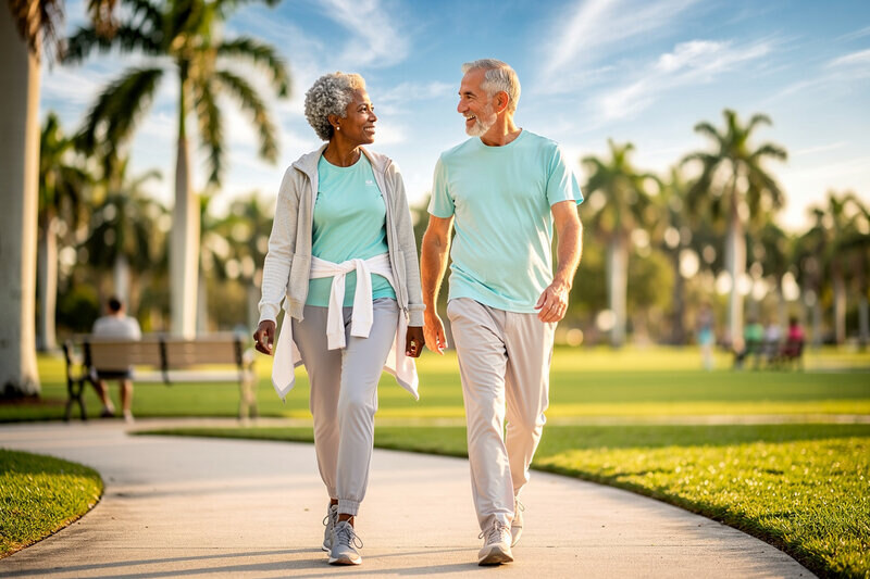 Active seniors walking along a sunny South Florida park path, dressed in casual athletic wear with palm trees in the background
