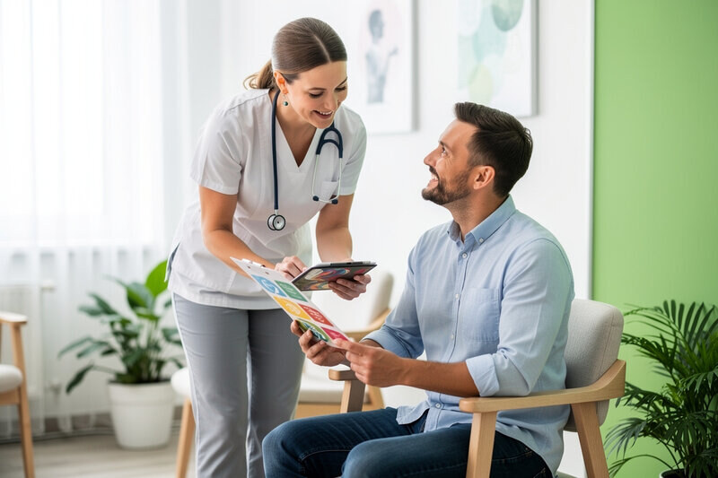 Bright modern healthcare screening area with natural daylight, green wall accents, and a friendly provider reviewing a wellness chart