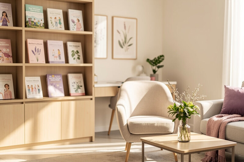 Warm, welcoming healthcare consultation room with soft natural light and botanical accents