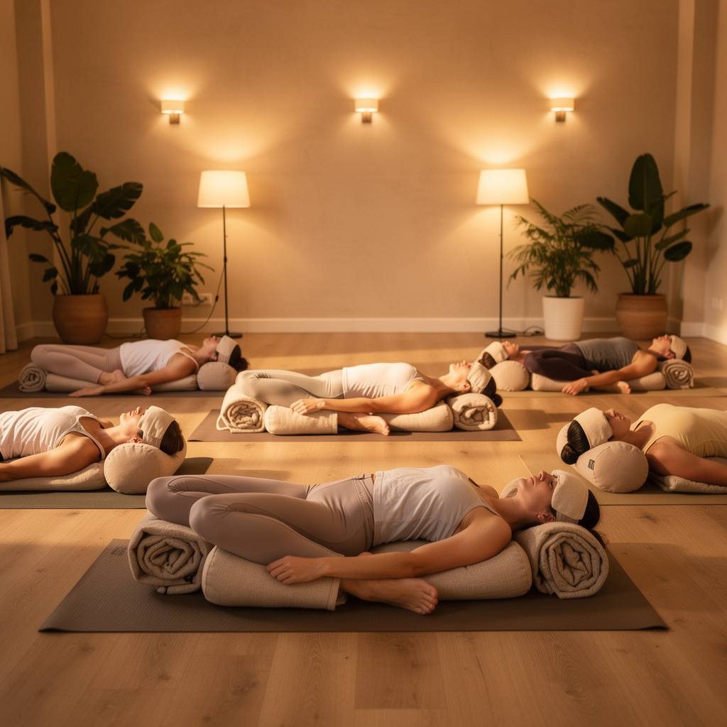 Om Joyful Yoga Pembroke Pines — serene gentle restorative yoga with bolsters and blankets in soft earth-toned room