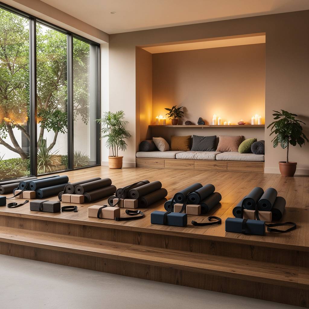 Lighthouse Yoga & Wellness — integrated yoga and meditation space with warm wood tones and ambient candlelight