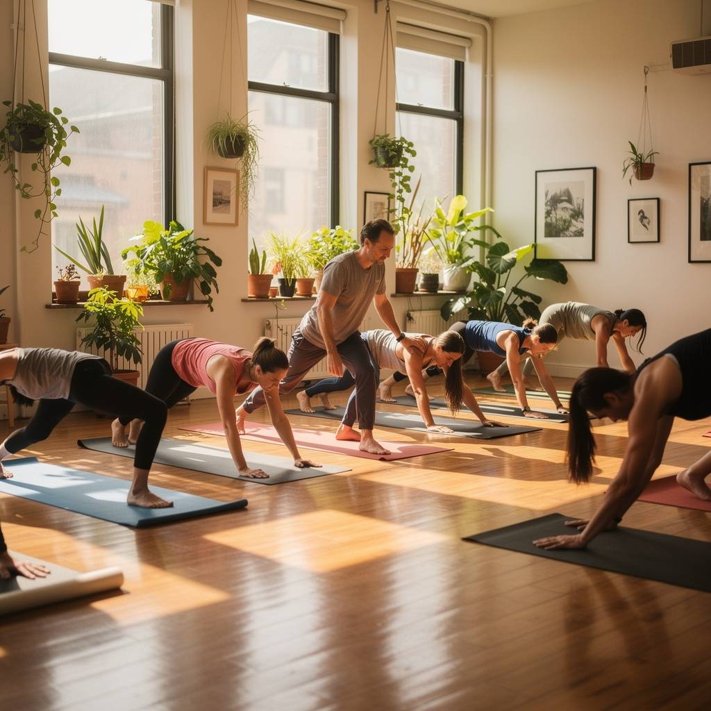 The Yoga Direction — bright neighborhood vinyasa flow class with natural daylight and wooden floors