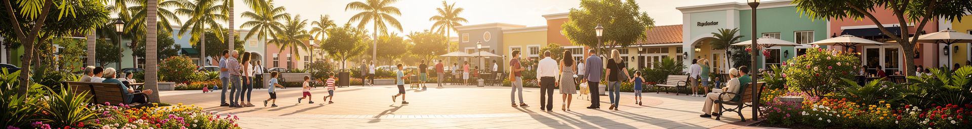 Diverse community members enjoying a sunny South Florida plaza with tropical landscaping, children playing, and people gathering in a public space