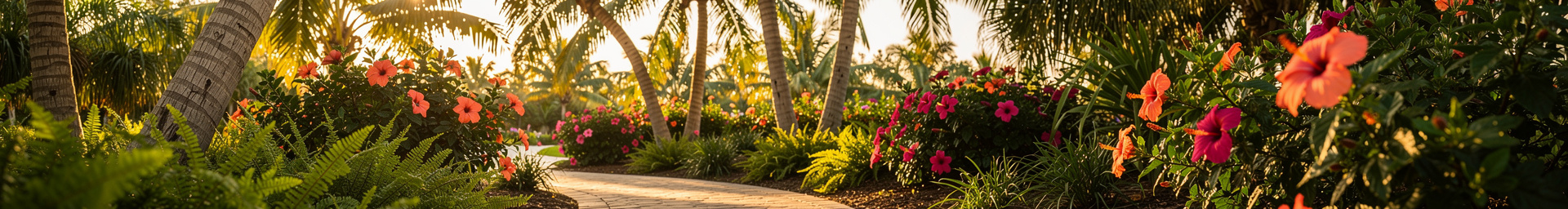 Lush South Florida tropical garden with flowering hibiscus, palm trees, and a stone pathway winding through dappled golden sunlight