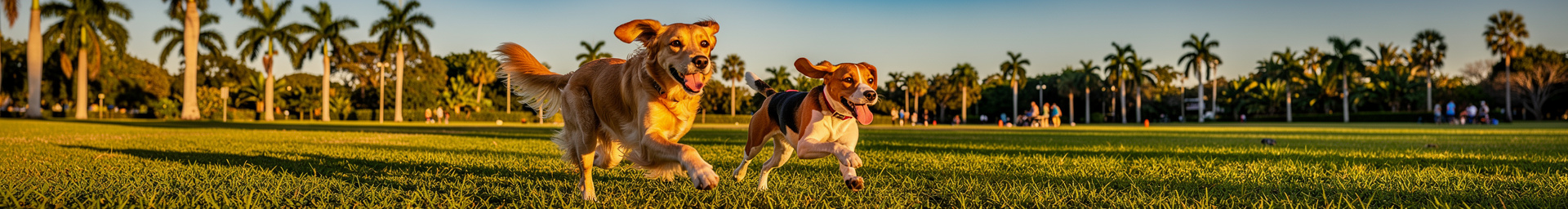 Two dogs running together through a sunny South Florida park with palm trees and people enjoying the green space in the background
